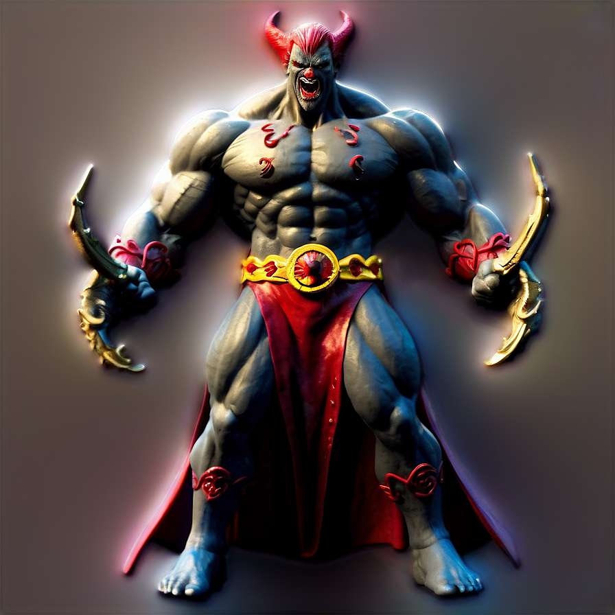 A demonic warrior with horns and red cape holding curved blades. — Satan Background