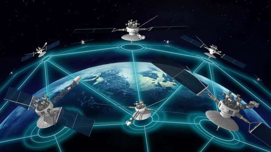 Satellites orbiting Earth with glowing blue data connections. — Satellite Technology Wallpaper