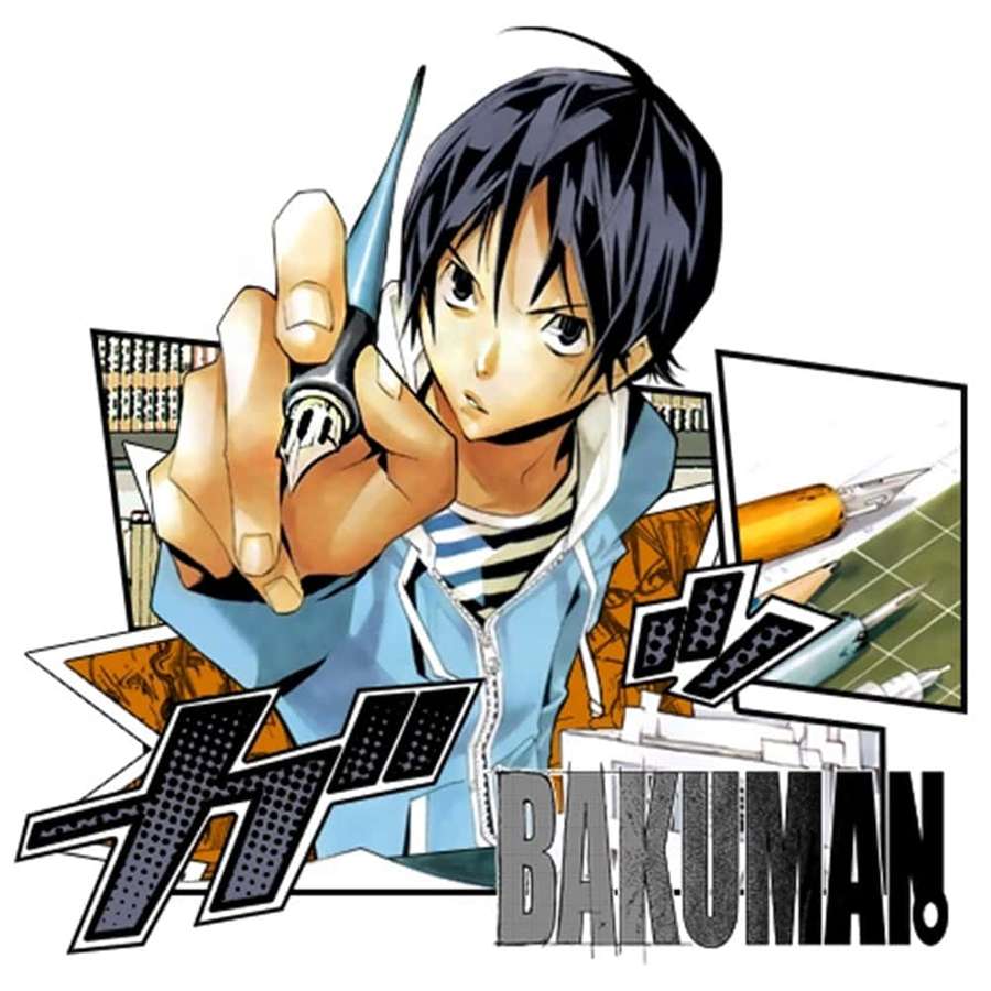 Anime character holding pen with manga panels and Bakuman title. — Satoshi Mashiba Wallpaper