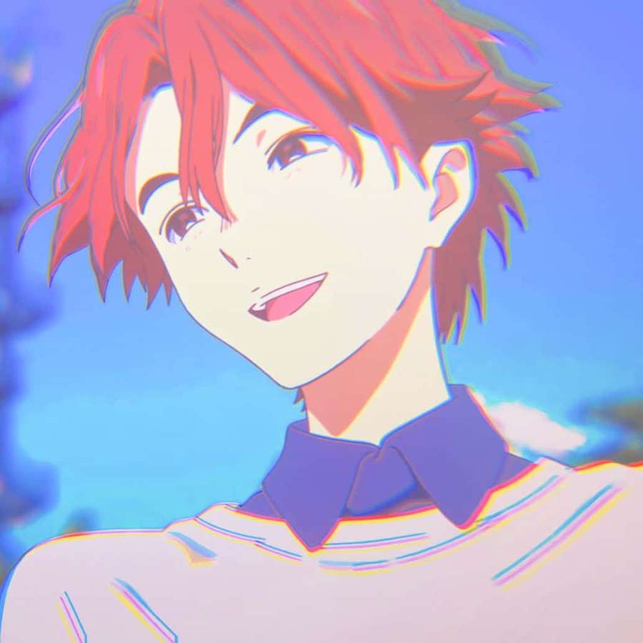 Personaje anime con cabello rojo sonriendo bajo un cielo azul con efectos de glitch digital. — Satoshi Mashiba Fondos de pantalla