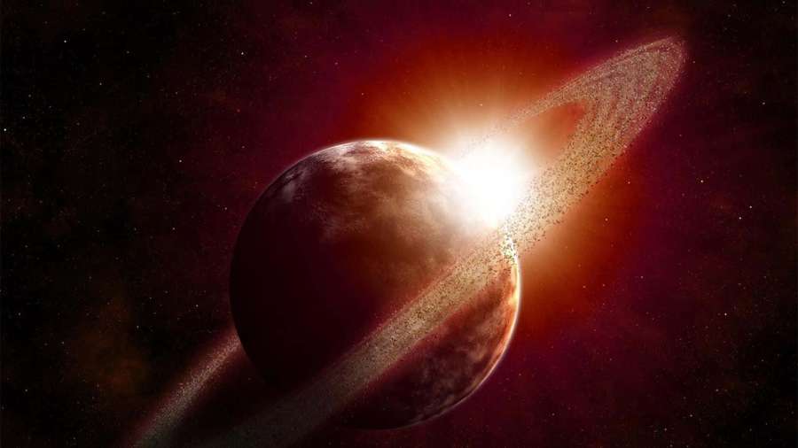 A red planet with a dusty ring illuminated by a bright star in deep space. — Saturn Background