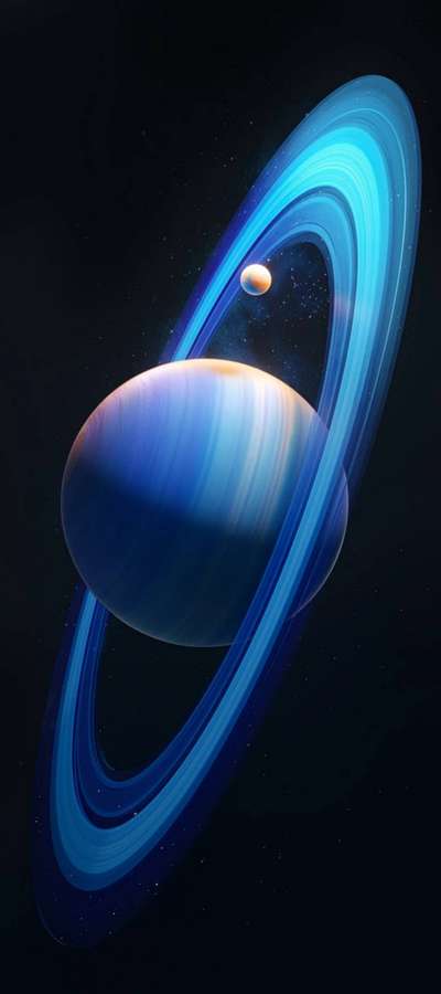 Un planeta azul con anillos brillantes y una pequeña luna en el espacio profundo. — Saturno Fondos de pantalla