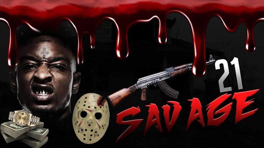 A man with a blood-dripping mask and gun next to money and text. — Savage Background