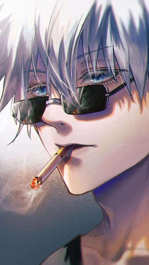 Anime-hahmo, jolla on hopeiset hiukset ja aurinkolasit, tupakoi savuketta. — Savuttava Taustakuvat