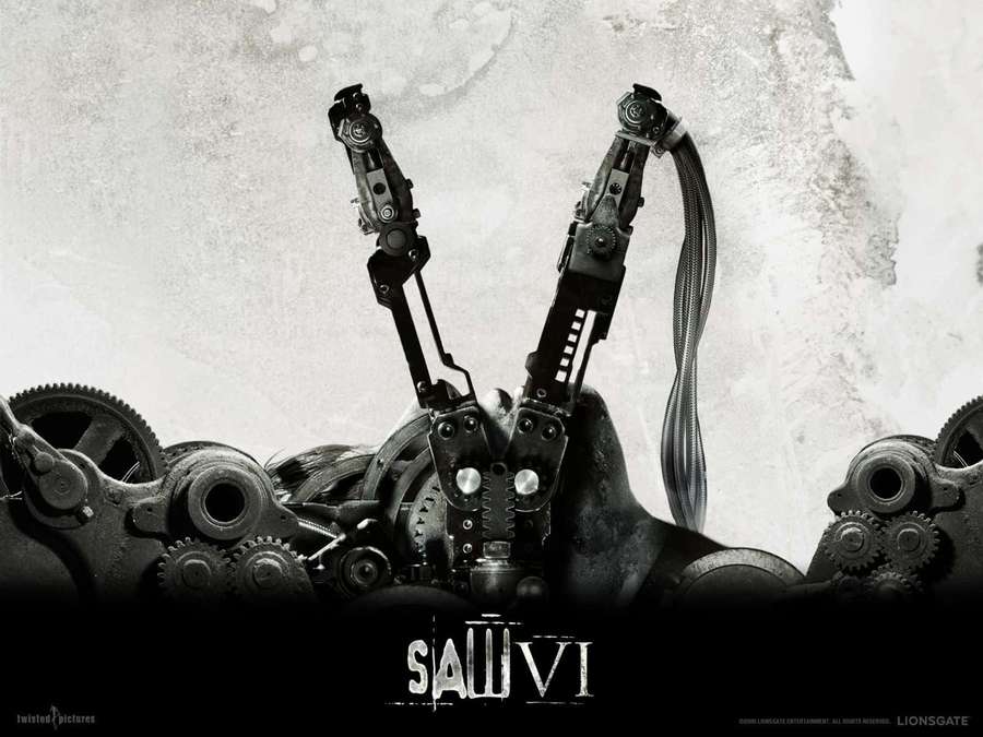 A mechanical hand with gears and pistons against a textured wall. — Saw Wallpaper