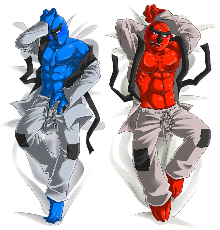 Two anime fighters one blue one red posing aggressively with open jackets. — Sawk Picture