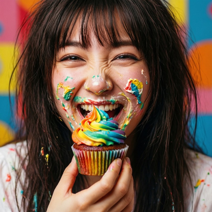 Sayori with rainbow cupcake frosting on her face, laughing happily. — Sayori Wallpaper