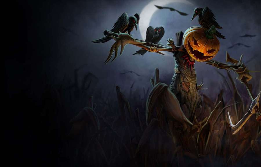 Glowing jack-o-lantern headed scarecrow with crows in a dark cornfield under full moon. — Scarecrows Wallpaper