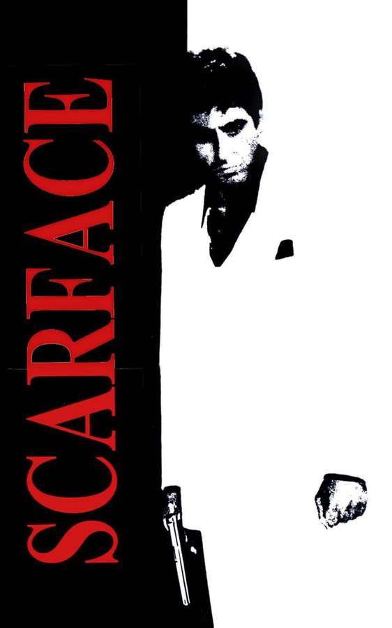 Scarface filmplakat med mand, der holder pistol og rød titeltekst. — Scarface iPhone Wallpapers