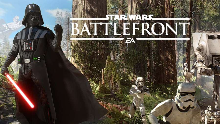 Darth Vader punaisen valosapelin kanssa metsässä stormtrooperien ja AT-ST:n kanssa. — Scarif Taustakuvat
