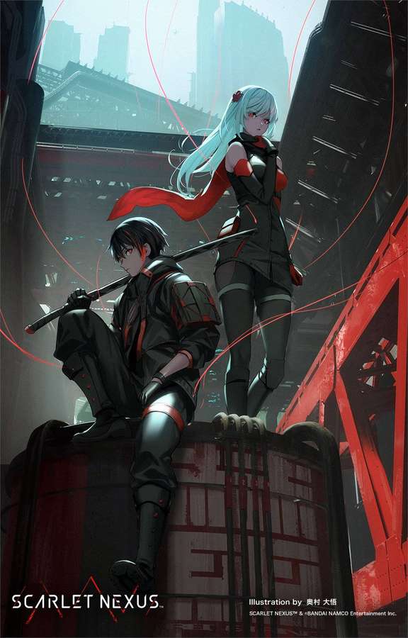 Two anime characters in combat gear on a red industrial structure in a futuristic city. — Scarlet Background