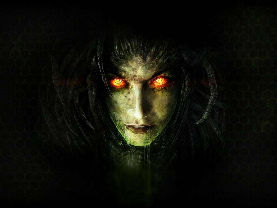 A pale creature with glowing red eyes and dark hair in a dark hexagonal setting. — Scary Face Wallpaper