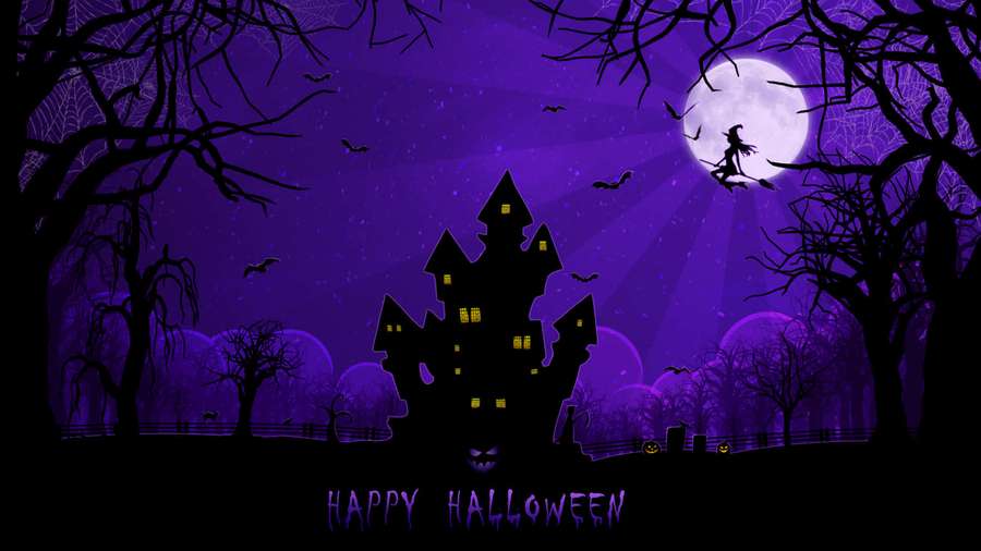 A witch flies past a haunted castle under a full moon on Halloween. — Scary Halloween Background