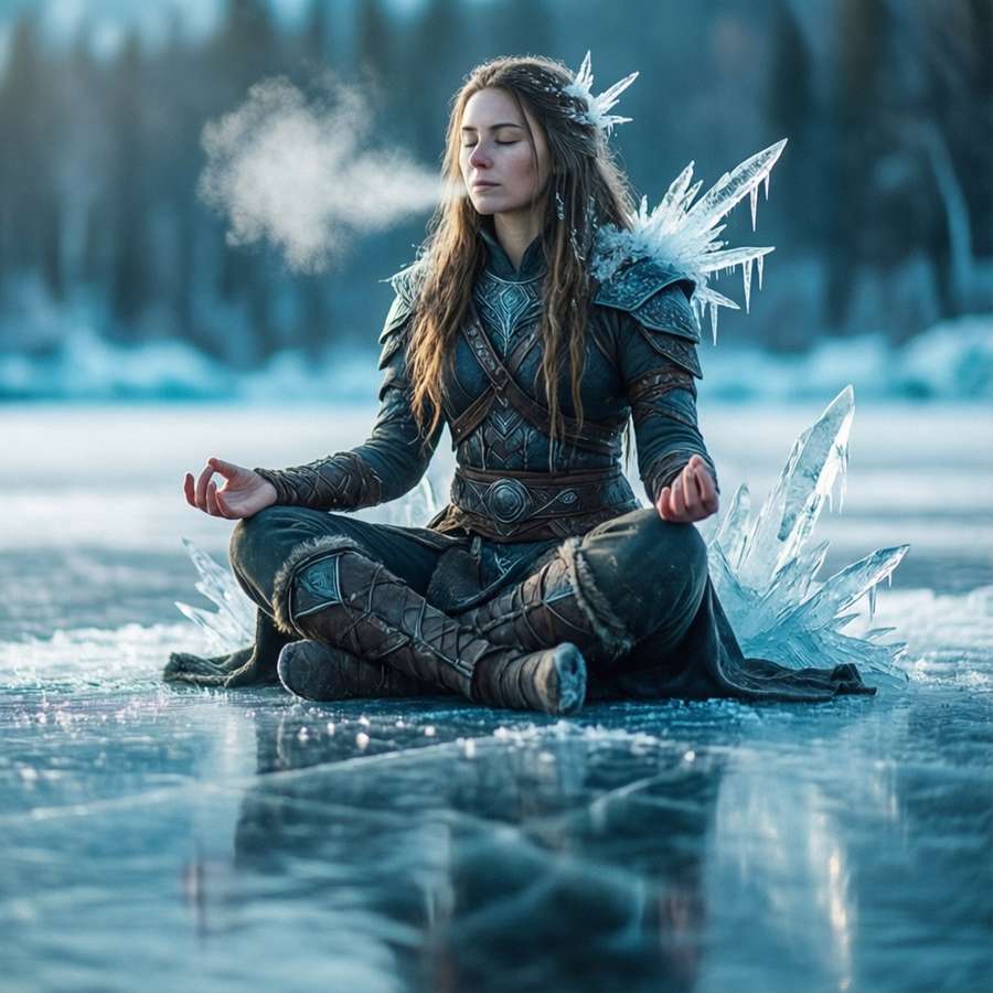 Peaceful Scathach Skadi meditating on a frozen lake. — Scathach Skadi Wallpaper
