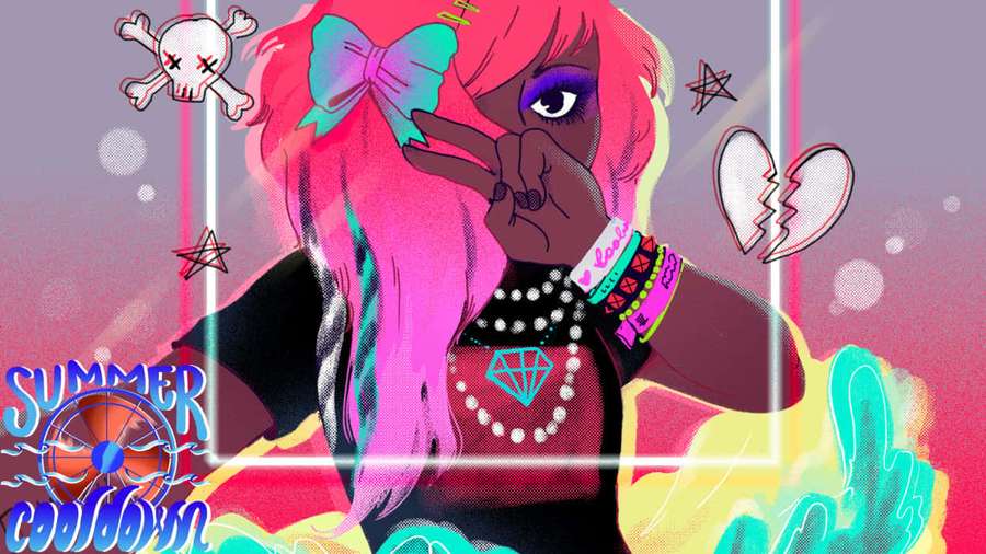 A stylized girl with pink hair and peace sign surrounded by skulls and broken hearts. — Scene Kid Wallpaper