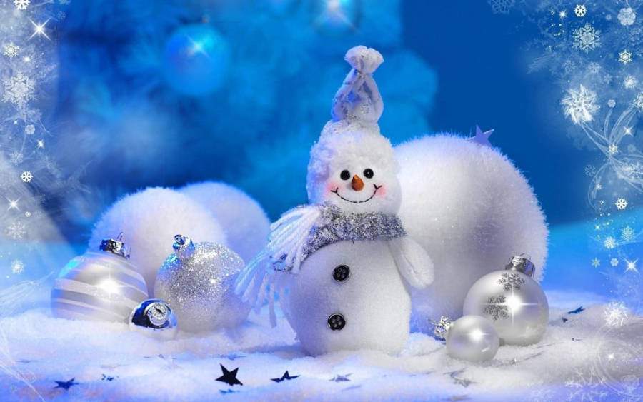 Snowman with scarf and hat surrounded by silver ornaments and snowflakes in blue winter scene. — Scenes Background