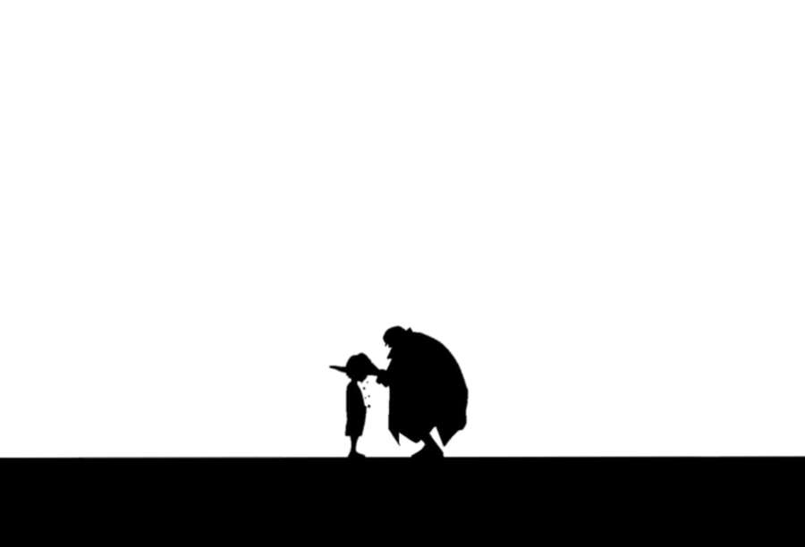 Silhouette eines Erwachsenen und eines Kindes, die einen zärtlichen Moment vor weißem Hintergrund teilen. — Schenkel Wallpaper