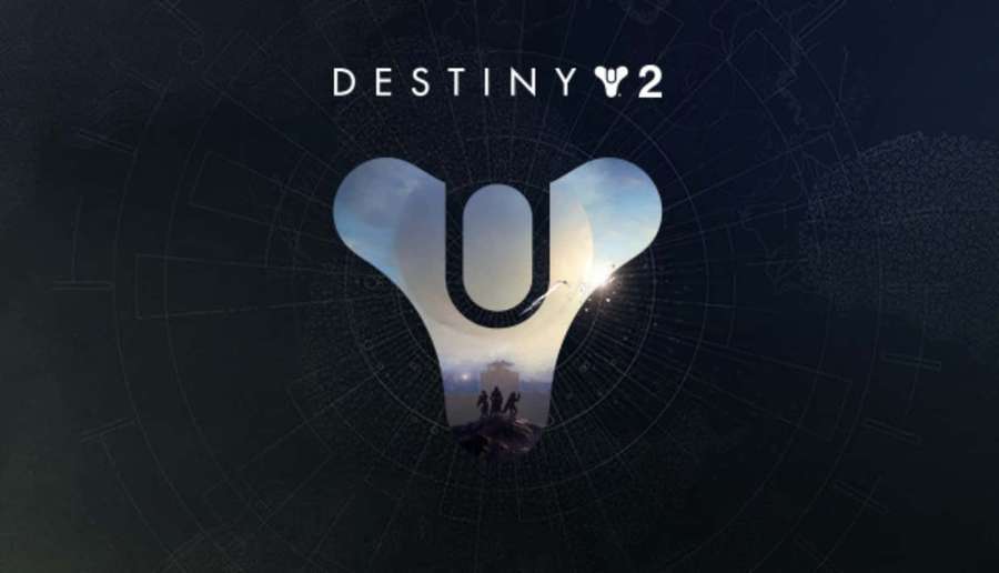 Destiny 2-Logo in Form eines Y mit Figuren auf einer Klippe vor einem hellen Himmel. — Schicksal 2 Wallpaper