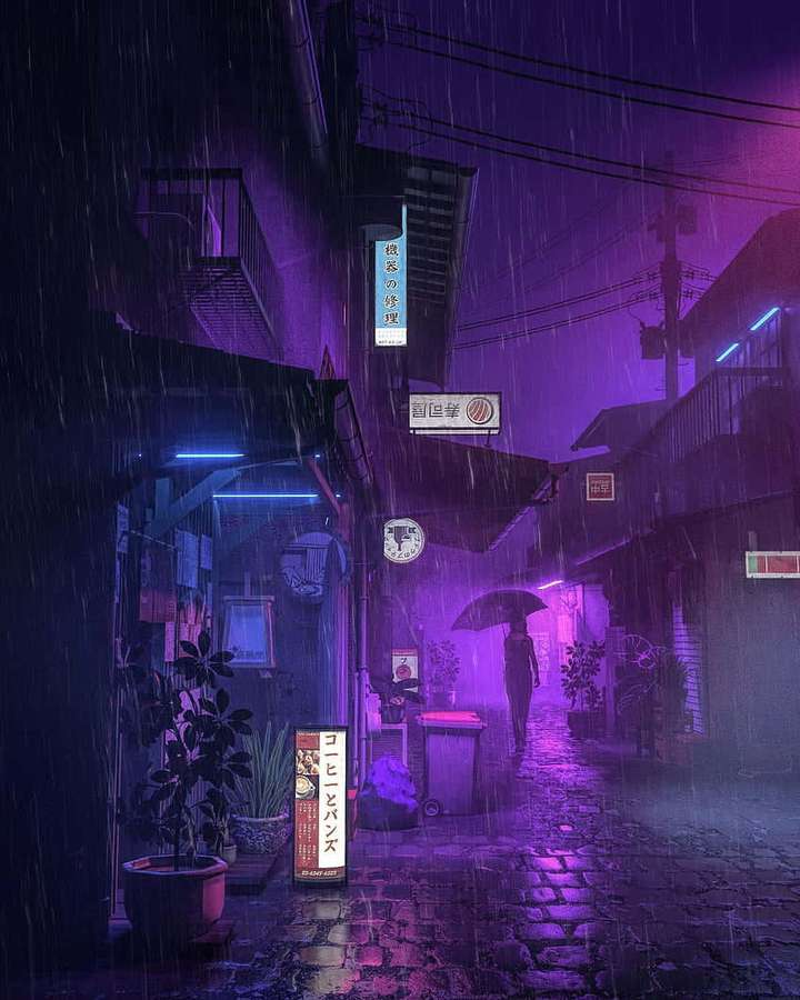 Person mit Regenschirm geht nachts eine regnerische, neonbeleuchtete Gasse entlang. — Schilder, Bilder Wallpaper