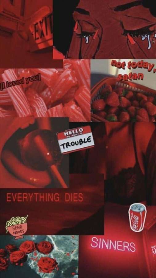 Rotgetönte Collage mit Memes, Text und Objekten wie Erdbeeren und Rosen. — Schlechte Ästhetik Wallpaper