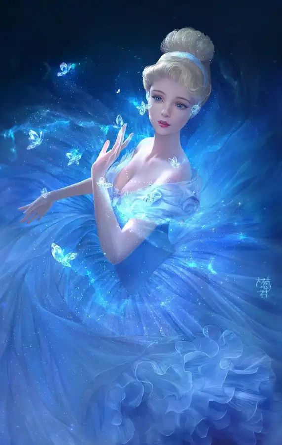 Fee in leuchtend blauem Kleid mit Schmetterlingen, die um sie herum im kosmischen Nachthimmel schweben. — Schöne Prinzessin Wallpaper