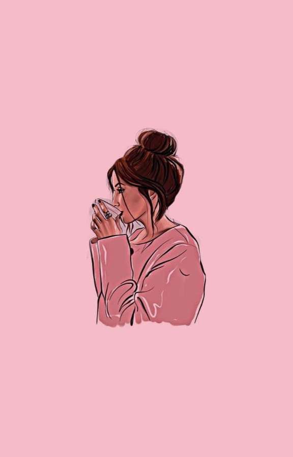 Frau in rosa Pullover nippt aus einer Tasse vor rosa Hintergrund. — Schönes Mädchen Wallpaper