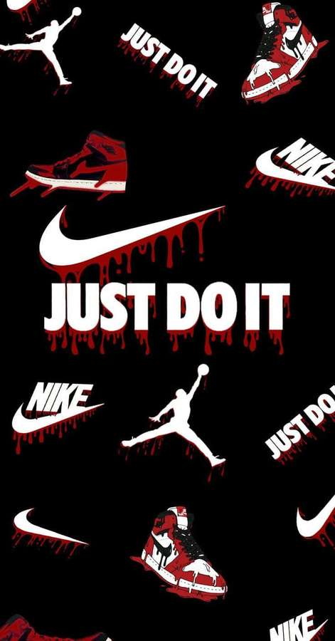 Schwarzer Hintergrund mit roten tropfenden Nike-Logos und Air-Jordan-Sneakern mit 'Just Do It'-Slogan. — Schuhe Wallpaper