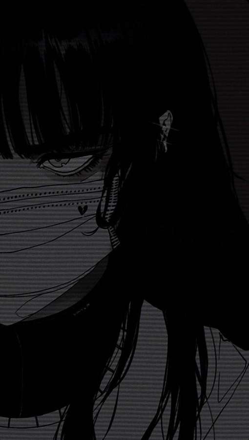 Anime-Mädchen mit einem Auge und langen Haaren in dunklem monochromem Stil. — Schwarzer Ästhetischer Anime Wallpaper