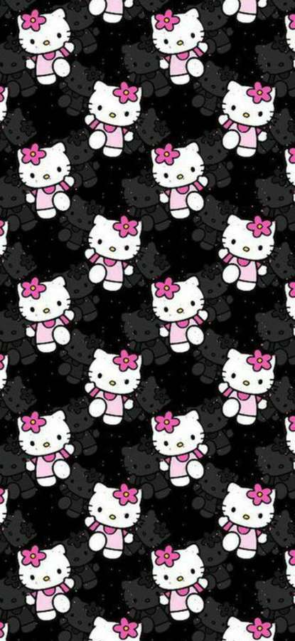 Hello Kitty-Figuren in rosa Schals und Blumenstirnbändern auf schwarzem Hintergrund. — Schwarzer Hello Kitty hintergrundbilder Wallpaper