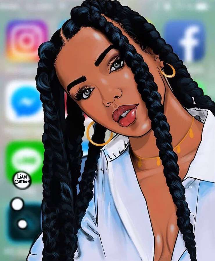 Frau mit langen Zöpfen und goldenen Ohrringen vor Symbolen einer Social-Media-App. — Schwarzer Mädchen cartoon Wallpaper
