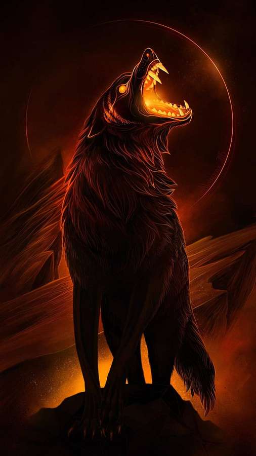 Ein Wolf heult unter einem glühenden Halbmond in einer feurigen digitalen Szene. — Schwarzer Wolf Wallpaper