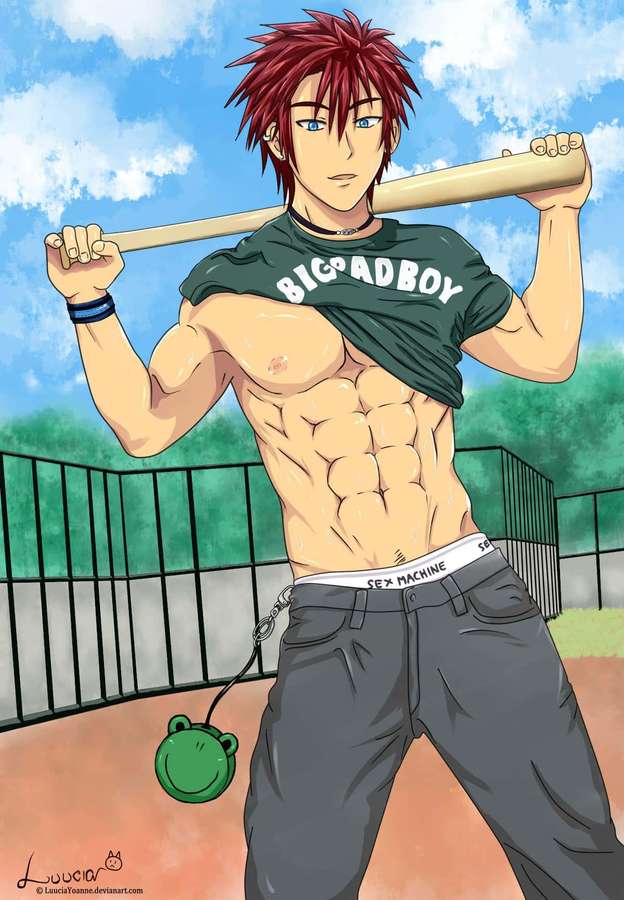 Anime-Mann mit roten Haaren, der draußen unter blauem Himmel einen Baseballschläger hält — Schwuler Anime Wallpaper
