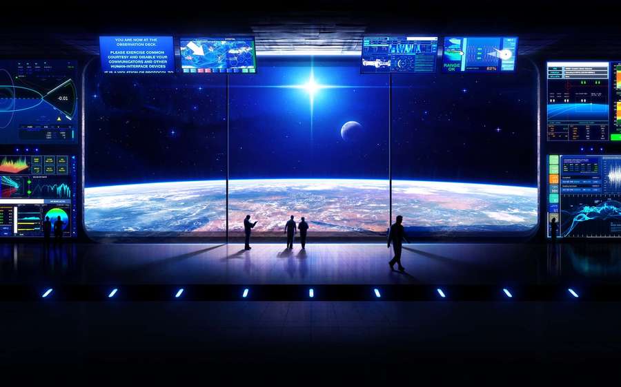 People in a high-tech observatory watching Earth from space through a large screen. — Sci Fi Background