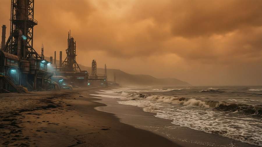 Gloomy sci-fi beach with industrial pollution — Sci Fi Beach Picture