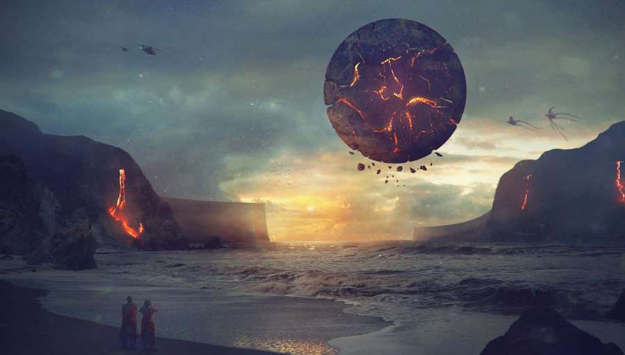Two people on a beach gaze at a floating lava planet over a volcanic landscape at sunset. — Sci Fi Beach Wallpaper