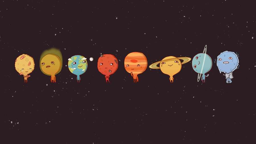 Nine cute cartoon planets with faces and limbs floating in space. — Science Background