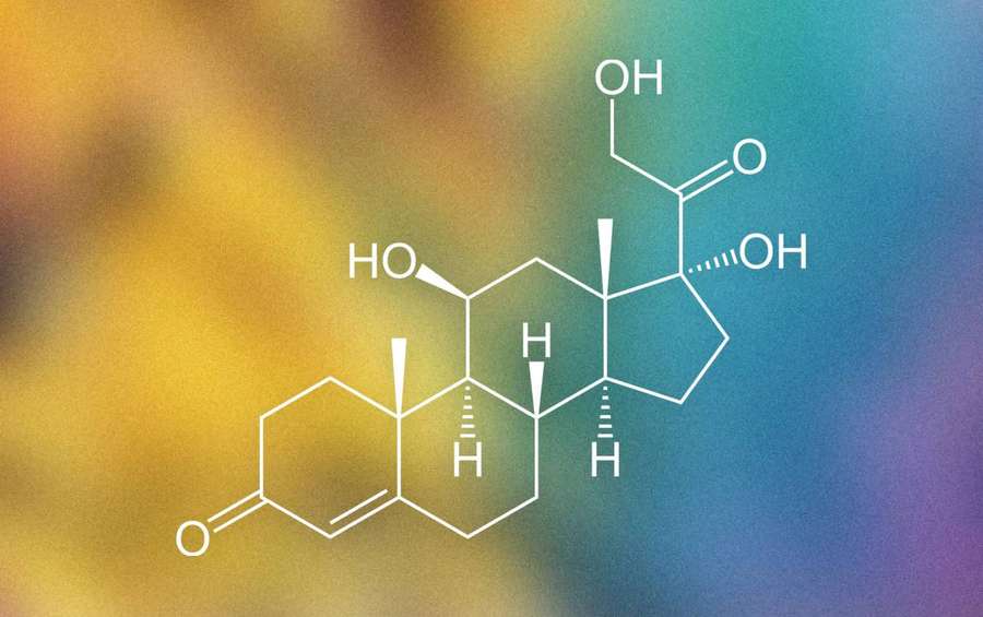 Chemical diagram of cortisol molecule on colorful gradient background — Science Desktop Wallpaper