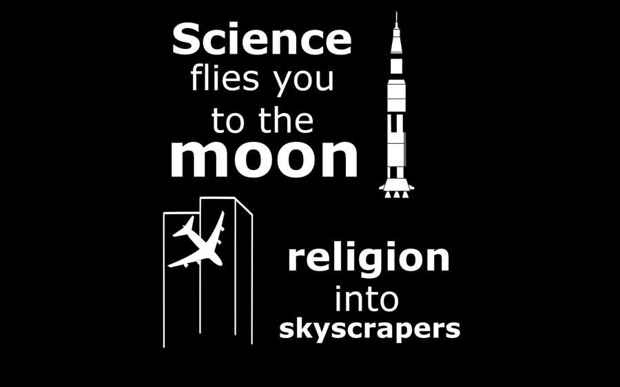 Weißer Text und Symbole auf schwarzem Hintergrund, die Wissenschaft mit Religion vergleichen. — Science Quotes Wallpaper