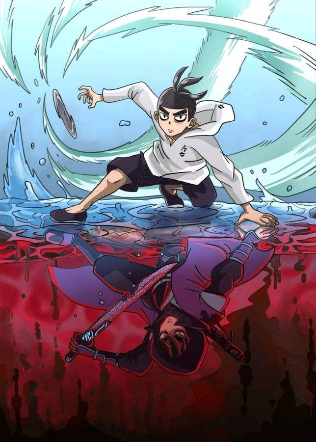 Anime ninja standing on water above a bloody reflection holding a sword. — Scissor Seven Background