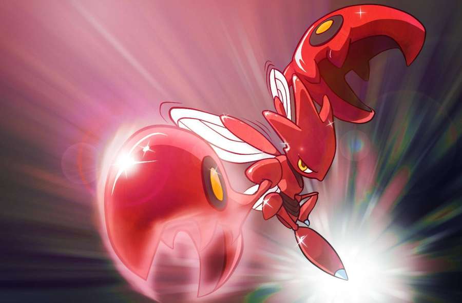 A red scorpion Pokémon unleashing a glowing energy attack with motion blur and light rays. — Scizor Wallpaper
