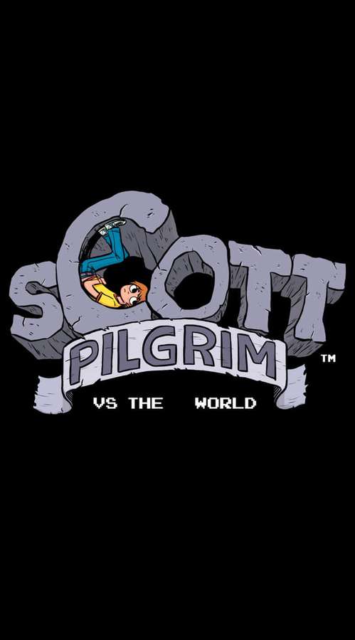 Scott Pilgrim logo with character hanging in the O — Scott pilgrim Wallpaper