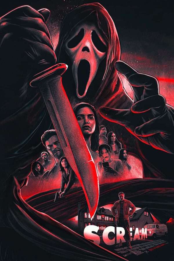 Ghost with knife menacing victims in suburban night scene. — Scream Ghostface Picture