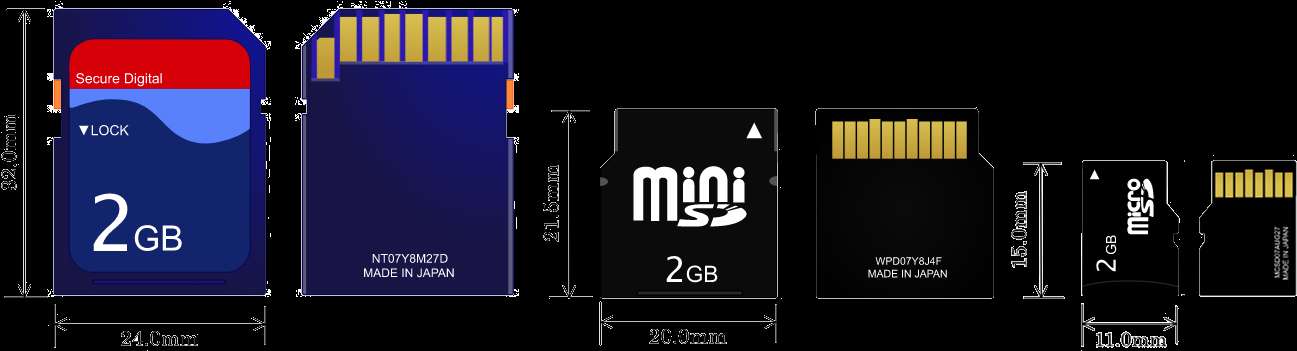 Comparison diagram of six memory card types with size and capacity labels. — Sd PNG