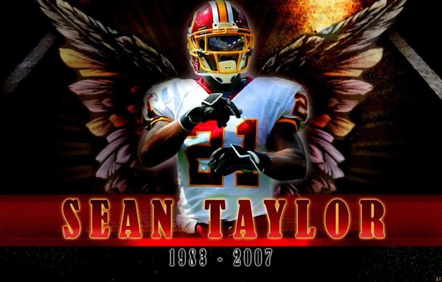 Football player with angel wings wearing jersey number 21 with name and years below. — Sean Taylor Background