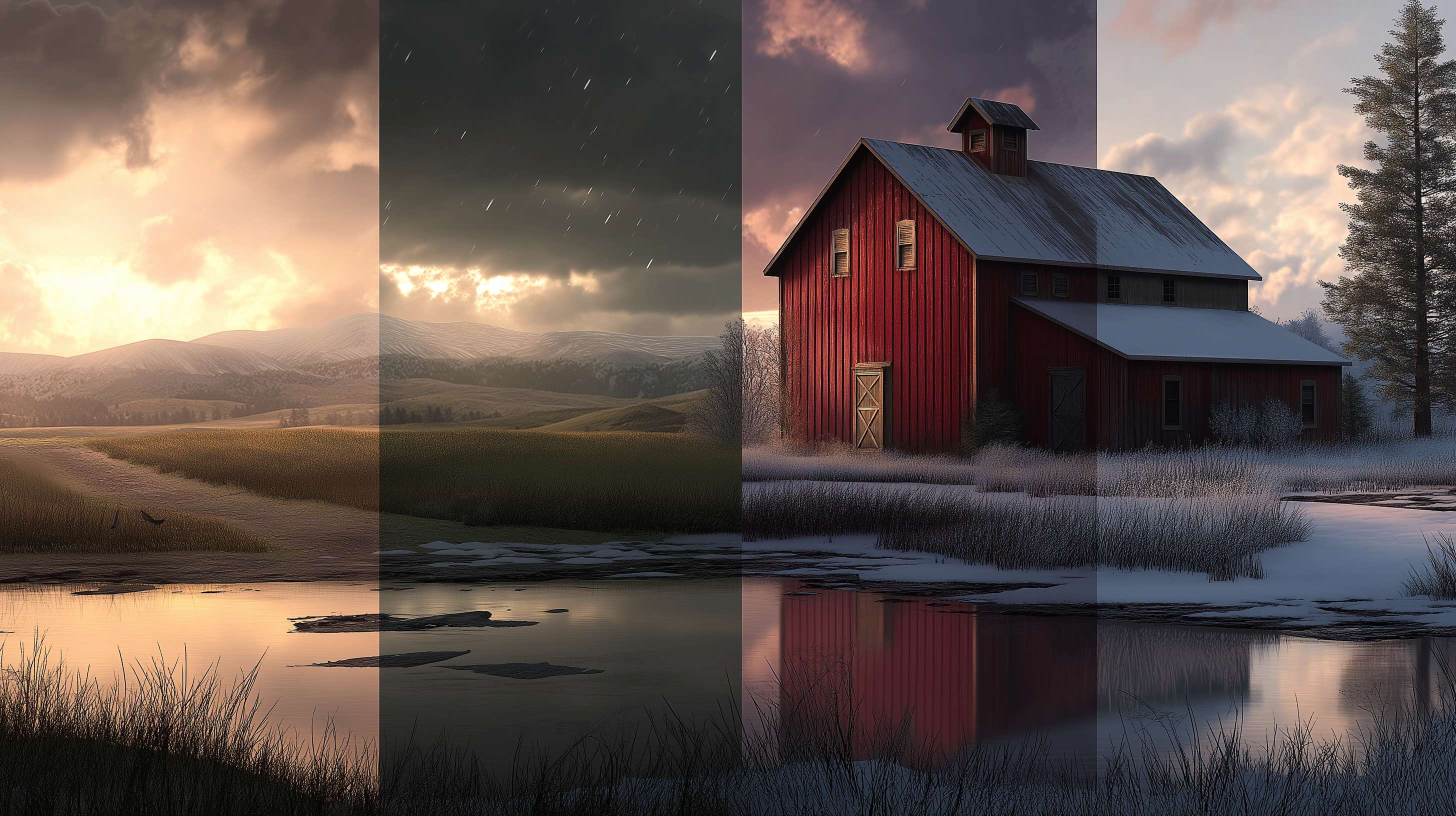 Red barn in snowy field with starry sky and water reflection at twilight. — Seasons Picture