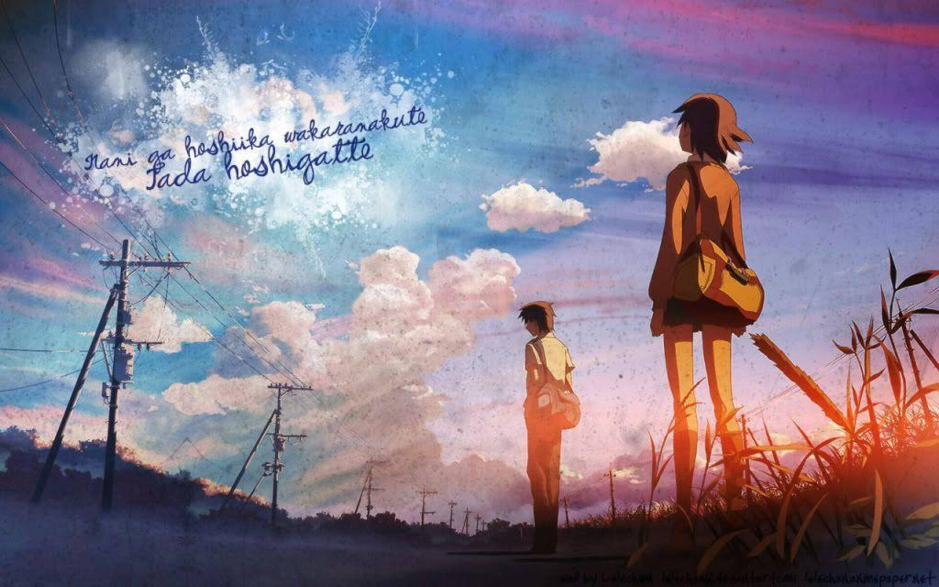 Två anime-karaktärer står på en kulle och tittar på en färgstark solnedgångshimmel. — Andra bakgrunden Bakgrundsbilder