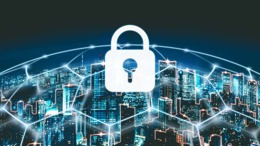 A glowing padlock symbolizing digital security over a vibrant nighttime city skyline. — Security Background
