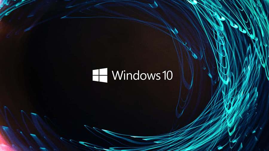 Windows 10 logo surrounded by swirling blue and teal digital light trails. — Security Breach Wallpaper
