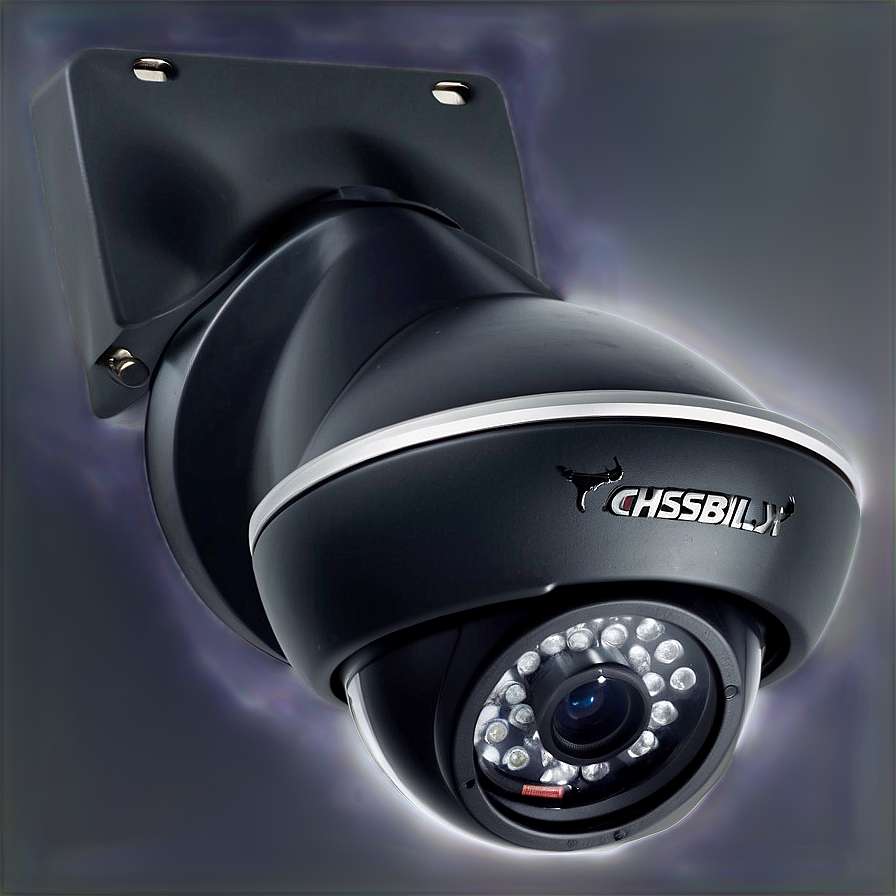 Close-up of a black dome security camera with LED lights and brand logo. — Security Camera PNG