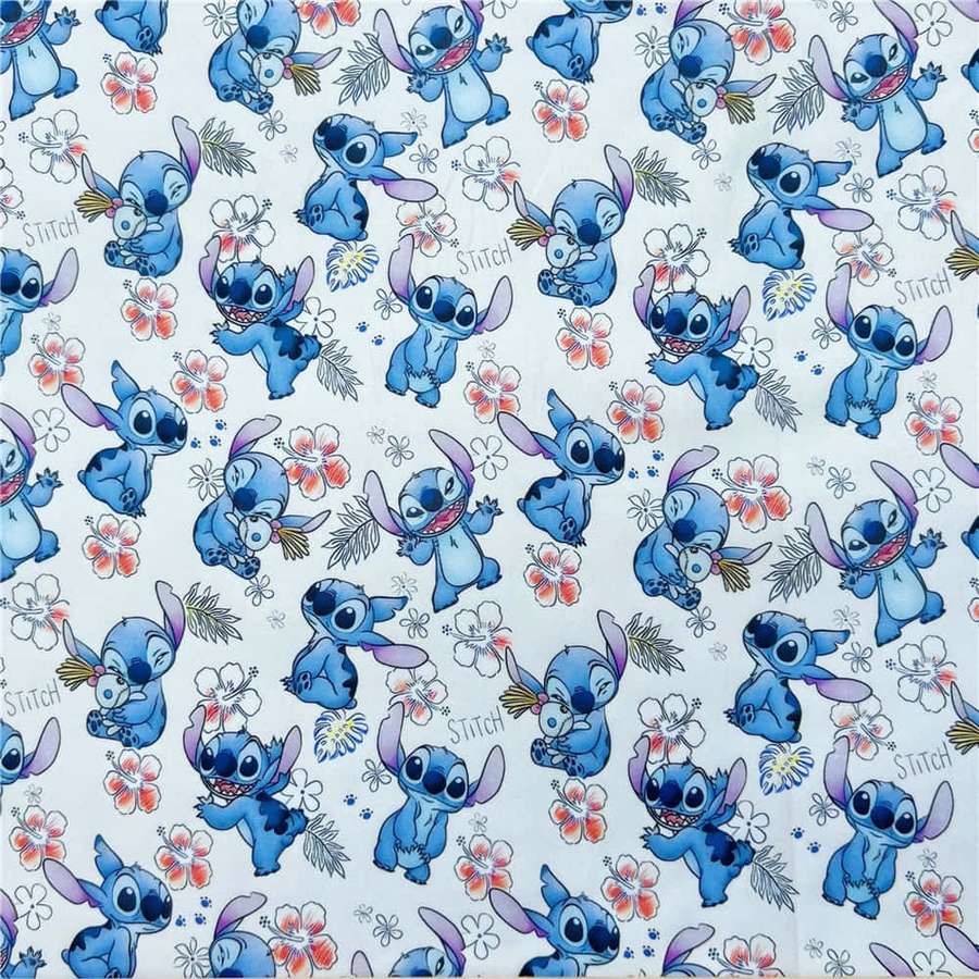 Karakter Stitch biru memegang bunga pada pola kain latar belakang terang — Sedih Stitch Wallpaper